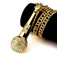 Chapado En oro Collar de Micrófono Hiphop Roca Collares Largos Para Hombres Negro Circón Cristal Pandents Collares Encanto de La Cadena