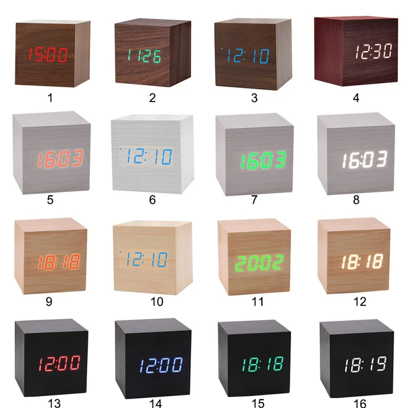 Mini LED Wood Clock Electronic Clock Wooden Alarm Clock Voice Control Luminous Bedside Table Clock Students