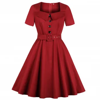

Women Vintage Summer Trumpt Dress 2019 Square Neck Button Zipper Sash Short Sleeve Plus Size Elegant Retro Girl Expansion Dress