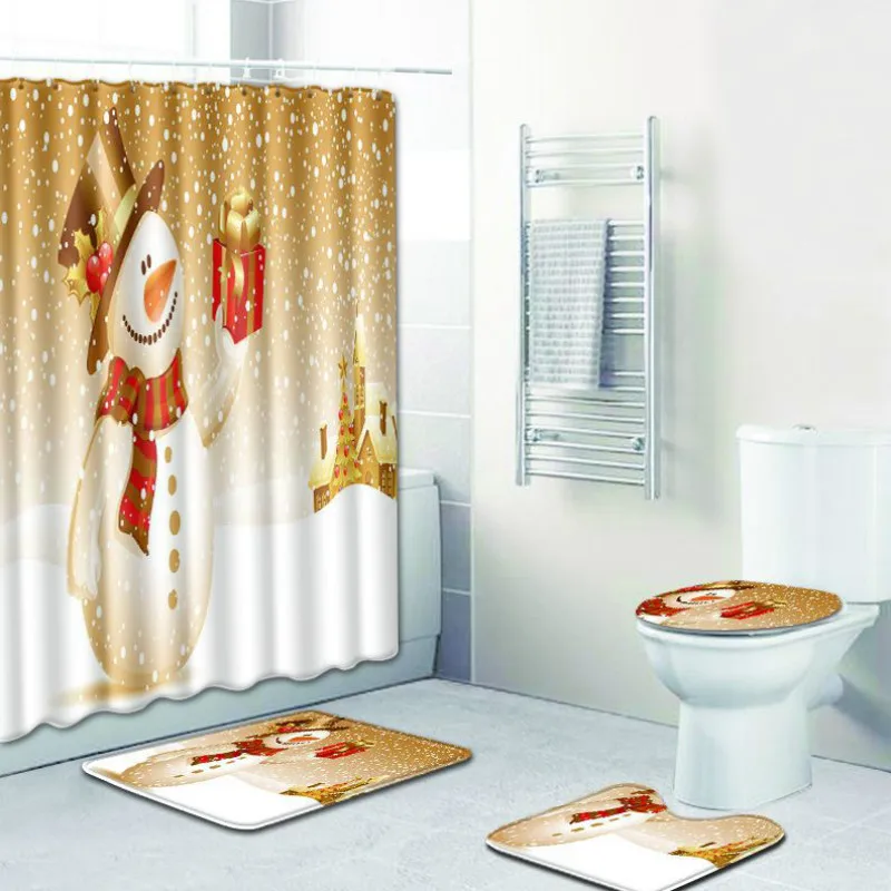 3/4Pcs Bathroom Christmas Shower Curtain Toilet Seat Cover Bath Mat Rug Set