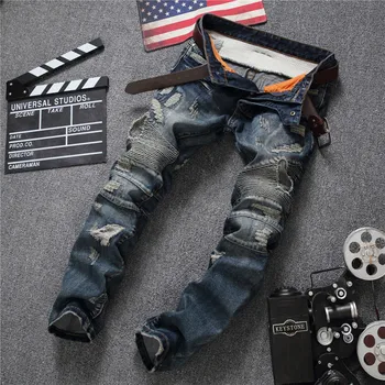 

Dropshipping Hip Hop Men Retro Jeans Knee Rap Hole Zipped Biker Jeans Men Slim Destroyed Torn Seretch Ripped Denim Man Pant