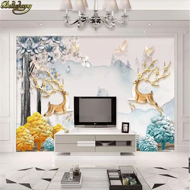 beibehang Custom Elk Fortune Tree Nordic Simple Embossed wallpapers for living room TV Background mural wall papers home decor |