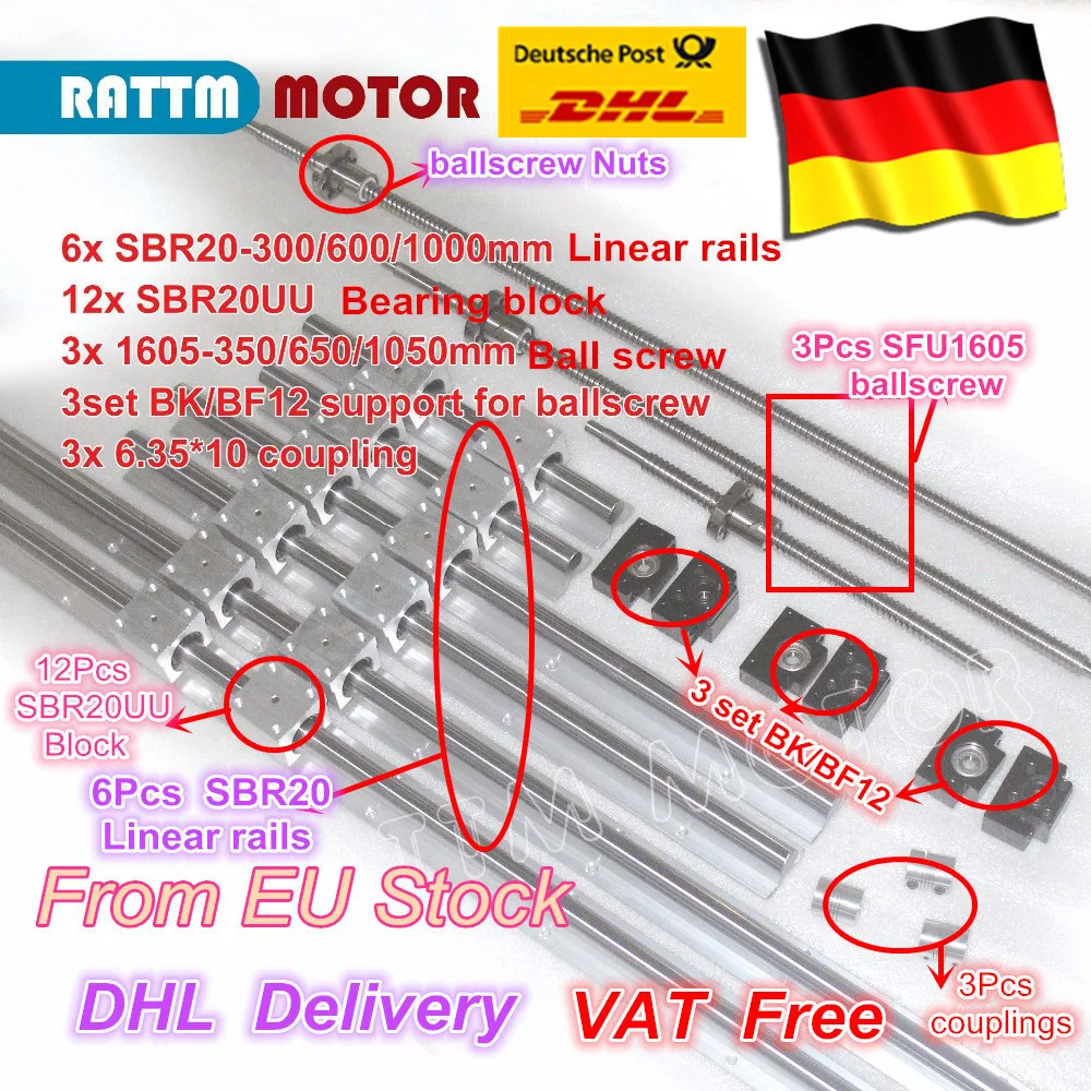 

3set ballscrew RM/SFU1605-350/650/1050+3 set BK/BF12 + 3sets SBR20 Linear Guide rails+3 couplers for CNC Router Milling Machine