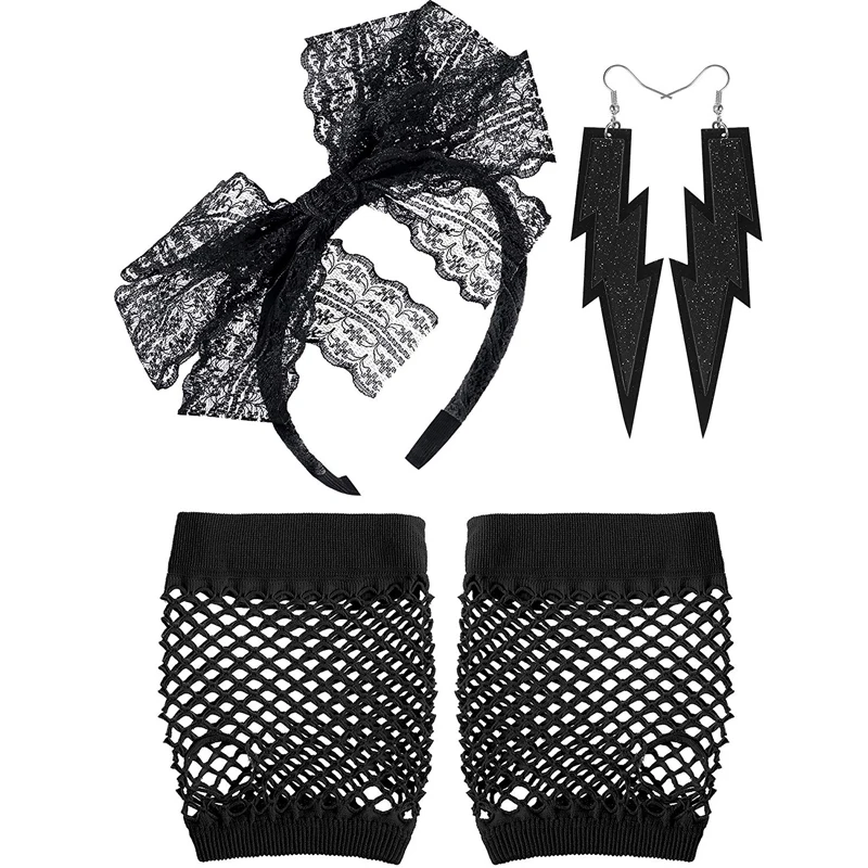 80/'S Black Lace Hair Scarf and Gloves Headband Madonna Tie Band Costume Kit