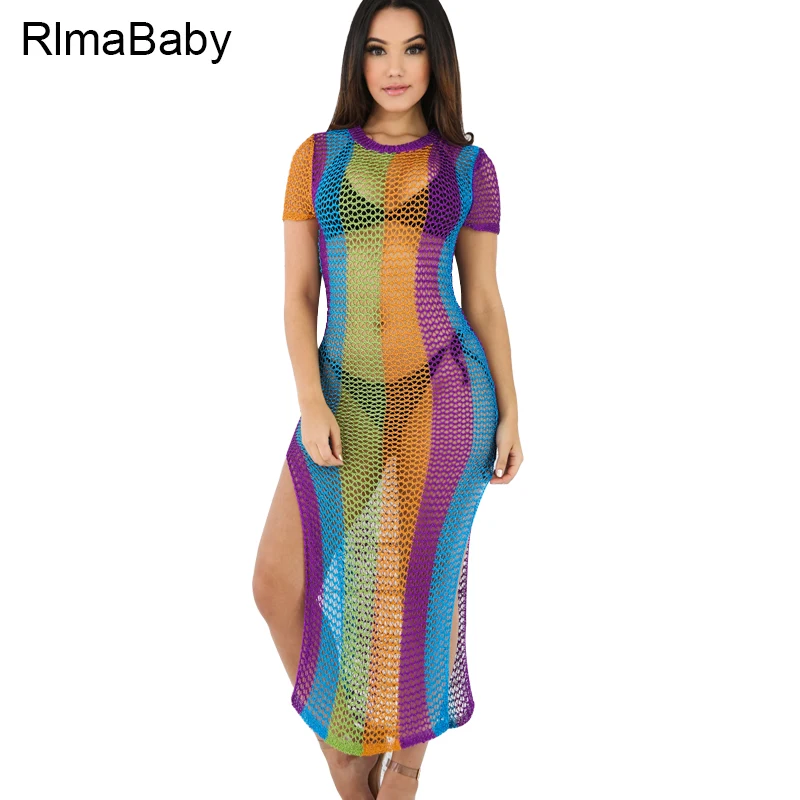 RLMABABY New Rainbow Striped Mesh Dress Sexy O Neck Short Sleeve High Split See Through Women 