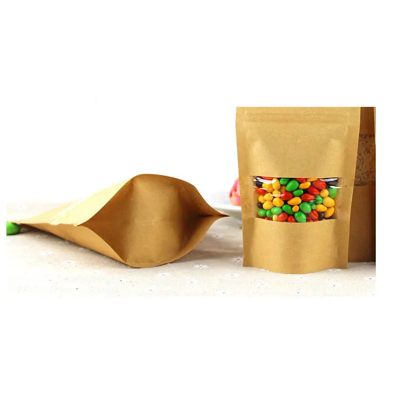 100pcs Brown Kraft Paper Bags For Gifts/candy/tea/food/wedding With Window Stand Up Zipper Kraft Bags Crafts Packing Bag Display