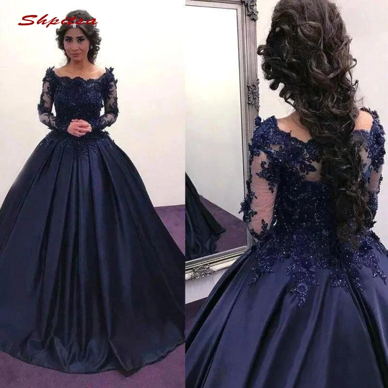 Long Sleeve Lace Quinceanera Dresses Ball Gown Navy Blue Crystals Prom ...