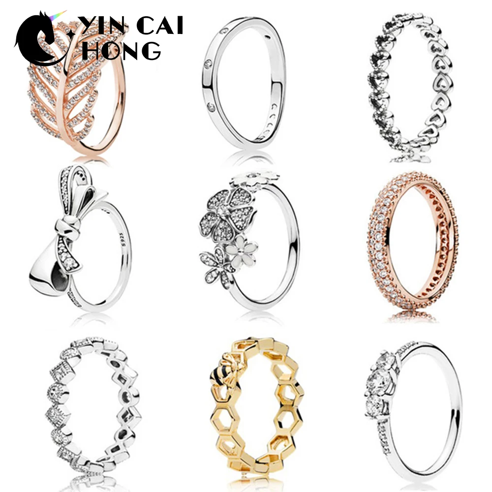 

YCH 100% Silver Bow Ring Daisy Charm Heart-shaped Ring 18K Gold Bee Original Hive Hollow Ring Geometric Zircon Rose Gold Ring