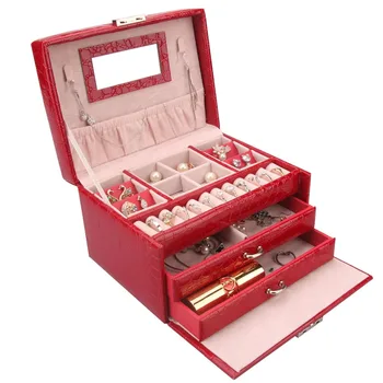 

Large Three Layers Jewelry Box Ladies Bracelet Necklace Carrying Storage Case Crocodile Grain Leather Jewelry Display Organizer