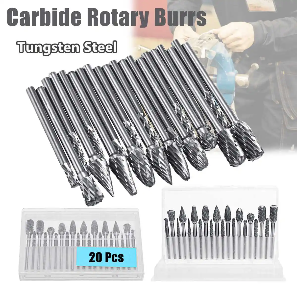 

20 pcs 3*3+3*6mm Tungsten Carbide Burr Set Double Diamond Cut Rotary Tools Electric Grinding Woodworking Milling Drill Bit