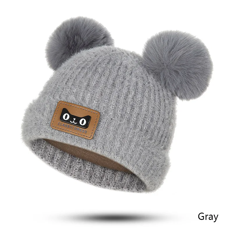 MOLIXINYU/детская зимняя вязаная шапка с меховым помпоном; детская теплая шапка с двумя меховыми помпонами для маленьких мальчиков и девочек; модные шапочки - Цвет: Grey