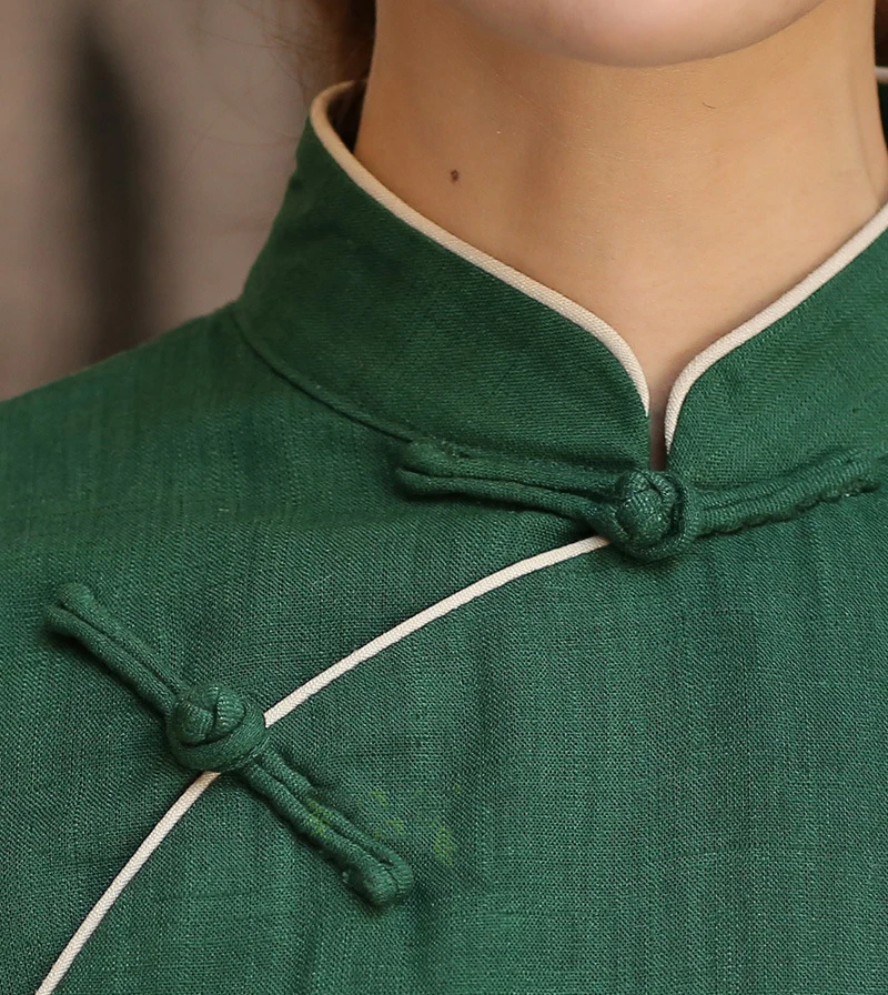 Женская однотонная темно-зеленая рубашка с длинным рукавом на пуговицах ручной работы, традиционная Женская блузка, облегающие Топы s-xxl SY002