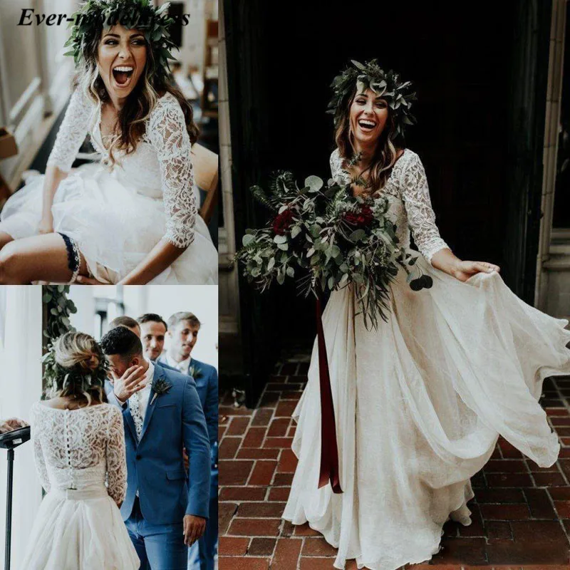Двухсекционное кружевное пляжное свадебное платье с v-образным вырезом и длинными рукавами, свадебное платье в стиле бохо, недорогое индивидуальное платье для невесты