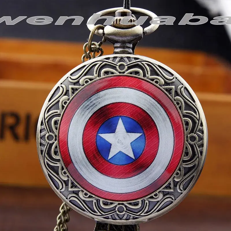 Винтаж Капитан Америка щит кварцевые карманные часы ожерелье для мужчин и женщин Звезда Серебряный чехол Флип брелок цепь часы кулон дети - Цвет: Color 1