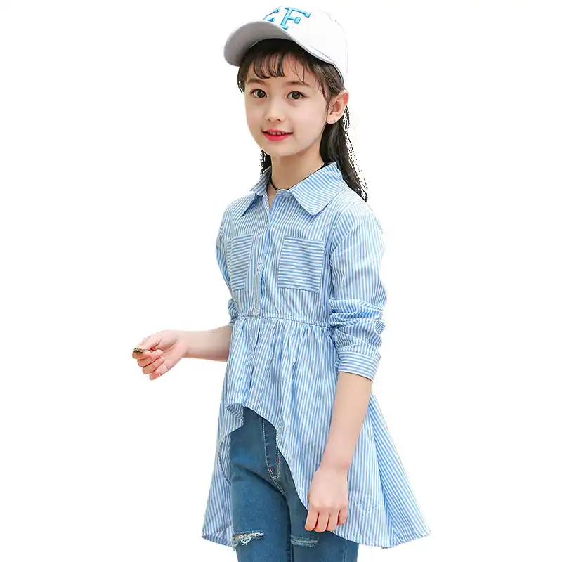 Otoño 2020, camisas de algodón a rayas para niños y niñas con cola de Golondrina, Blazer, vestido, blusas azules 5 7 9 10 12 años, traje de frac para niñas| | - AliExpress