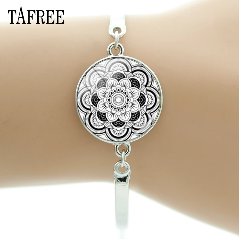 TAFREE Новое поступление Йога браслеты с символом мандалы Индийский стиль манжета браслет простой дизайн стекло кабошон аксессуары сувенир HN338