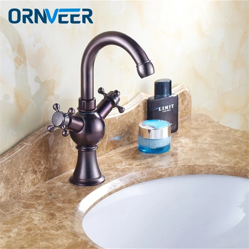 

Royal Oil Rubbed Bronze Rotatable Double Wheel Handle Bathroom Sink Mixer Tap ORB Swivel Curved Brass Basin Faucet A087