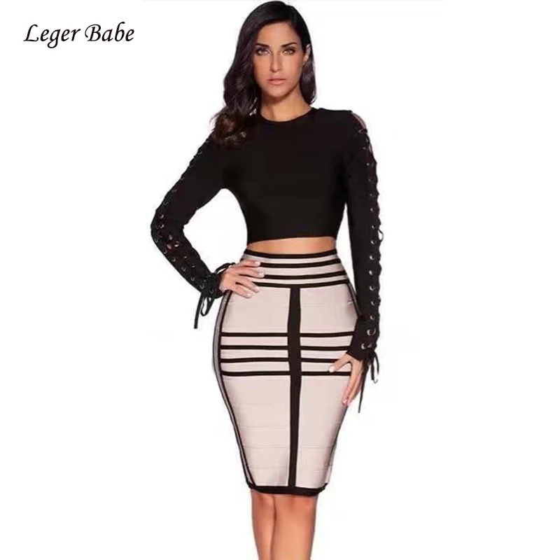 

New Fashion High Quality Long Sleeve Lace Up Short Tops Striped Knee Length Skirts Bandage Women Party Dress Club Two Piece Sets