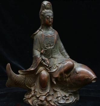 

12" Chinese Bronze Sit Fish Kwan-yin Guan Yin Avalokitesvara Boddhisattva Statue