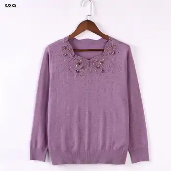 XJXKS 2017 new autumn and winter long-sleeved loose big size beading round neck cashmere sweater women sweaters and pullovers