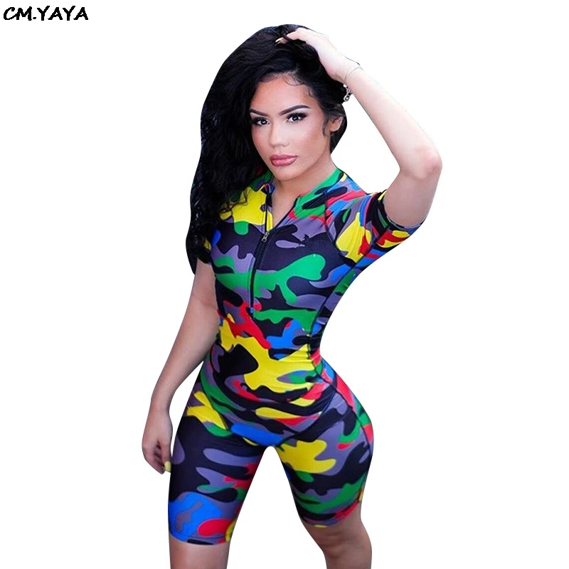 

2019 New women summer camouflage print zipper up short sleeve skinny knee length jumpsuit military playsuit romper GLMZ8199