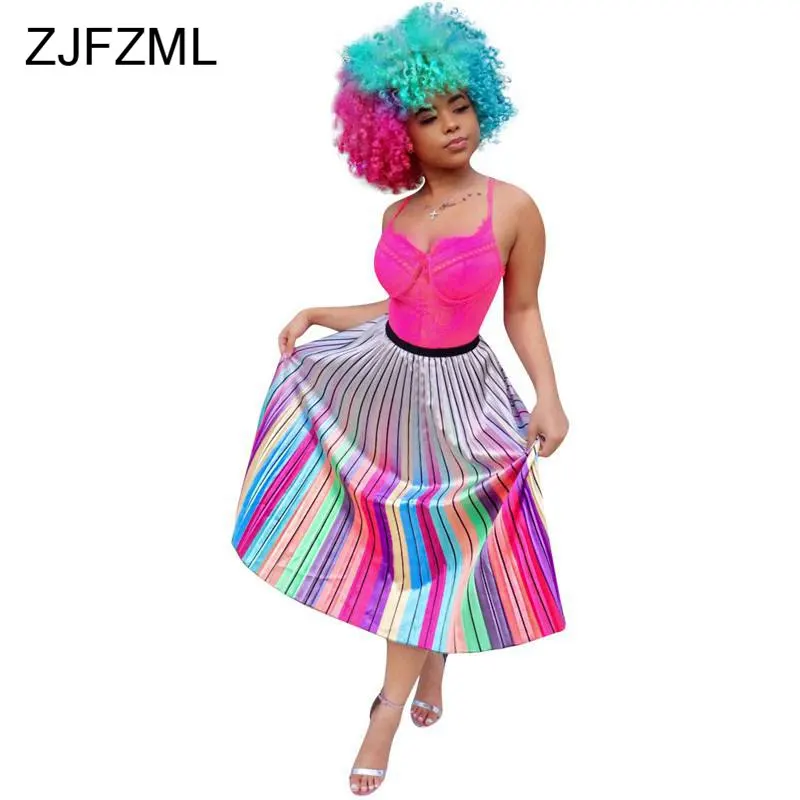 

Rainbow Stripes Pleated Skirt Women High Waist Loose Sexy Summer Skirt Sexy Club Party Plus Size Maxi Long Skirt for Women 2019