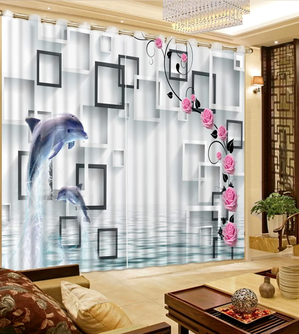 Clásico decoración 3D cortina de ventana de la habitación delfín enrejado blanco y negro cama habitación Oficina Hotel Cortinas