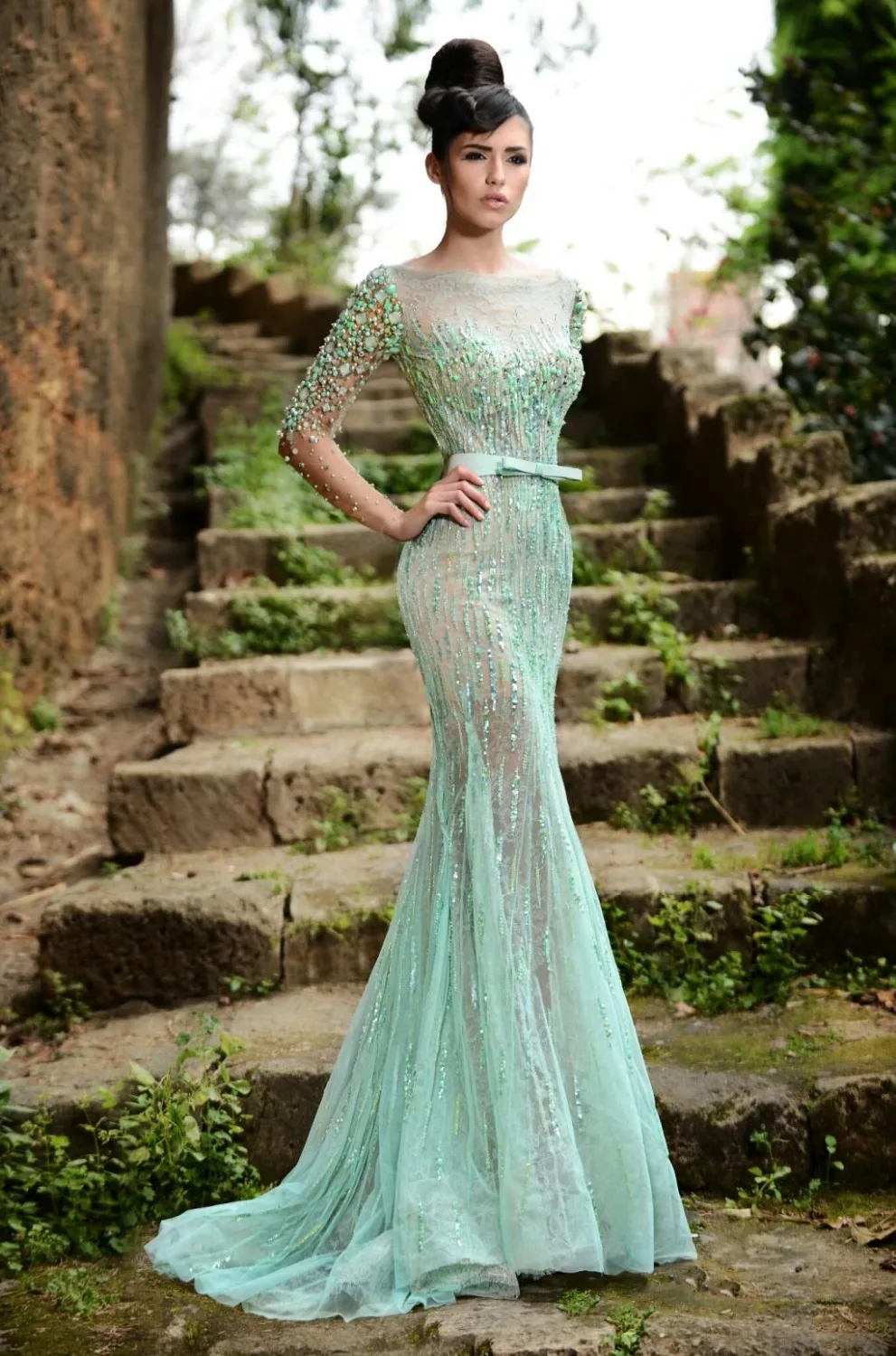 

New Fashion Long Sleeve Evening Dresses Mermaid Bateau Neck Crystal Beading Floor Length Evening Gowns Robe De Soiree