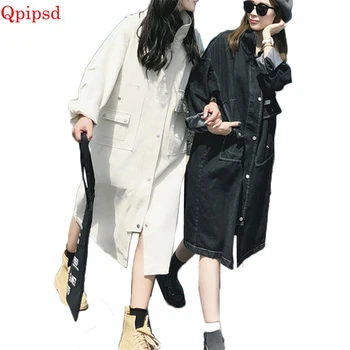 

Loose long Jean trench coat women fashion denim coat female long section Korean Female Casual Clothing coat jean outerwear women