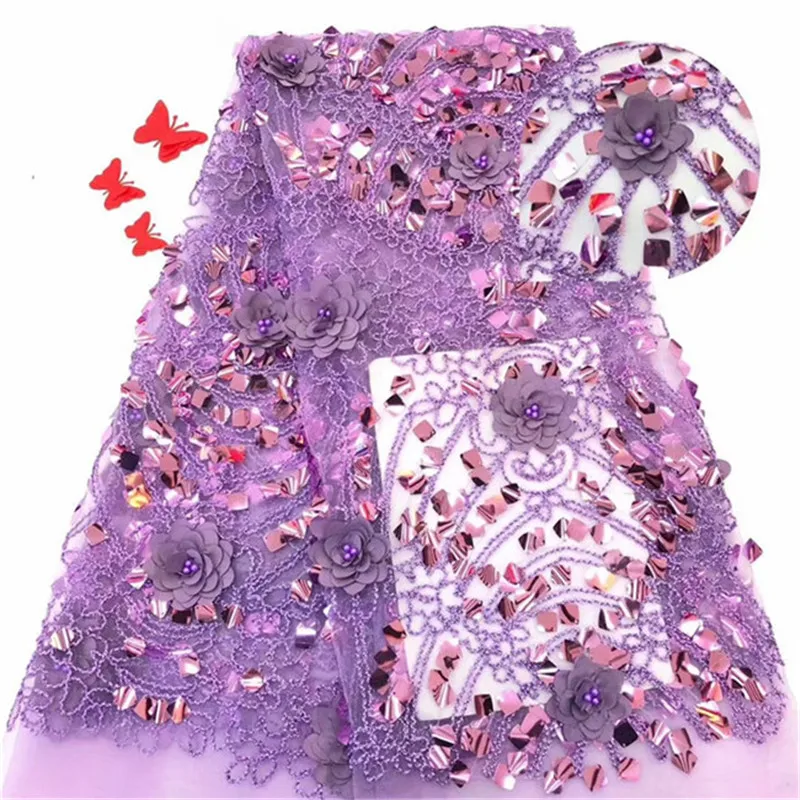 

Hot pani Africa fine lace fabric high quality French purple applique 3D beaded tulle lace fabric sequins dubai royal apparel