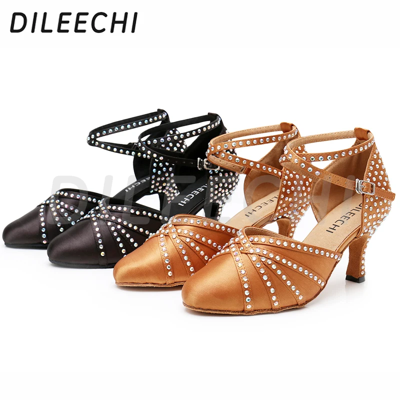 DILEECHI песочно-коричневый, атлас Стразы латинский современный танец женская обувь осень-зима танцевальная обувь для танцев 7,5 см с закрытым носком