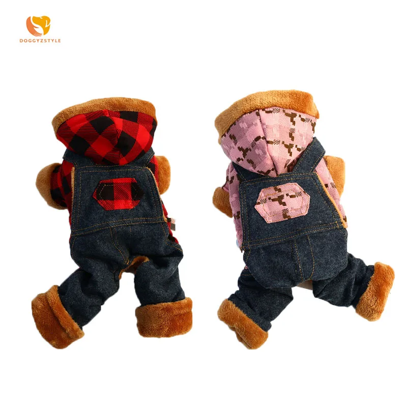 Dog Plaid Rompers Jumpsuit Pet Cat Autumn Winter Dogs Hooded Clothes