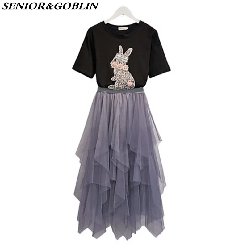 

2019 Summer New Fashion Skirt Suit Rabbit Pattern T-shirt+Elastic Waist Irregular Mesh Maxi Skirts 2 Pieces Set Clothes Suits
