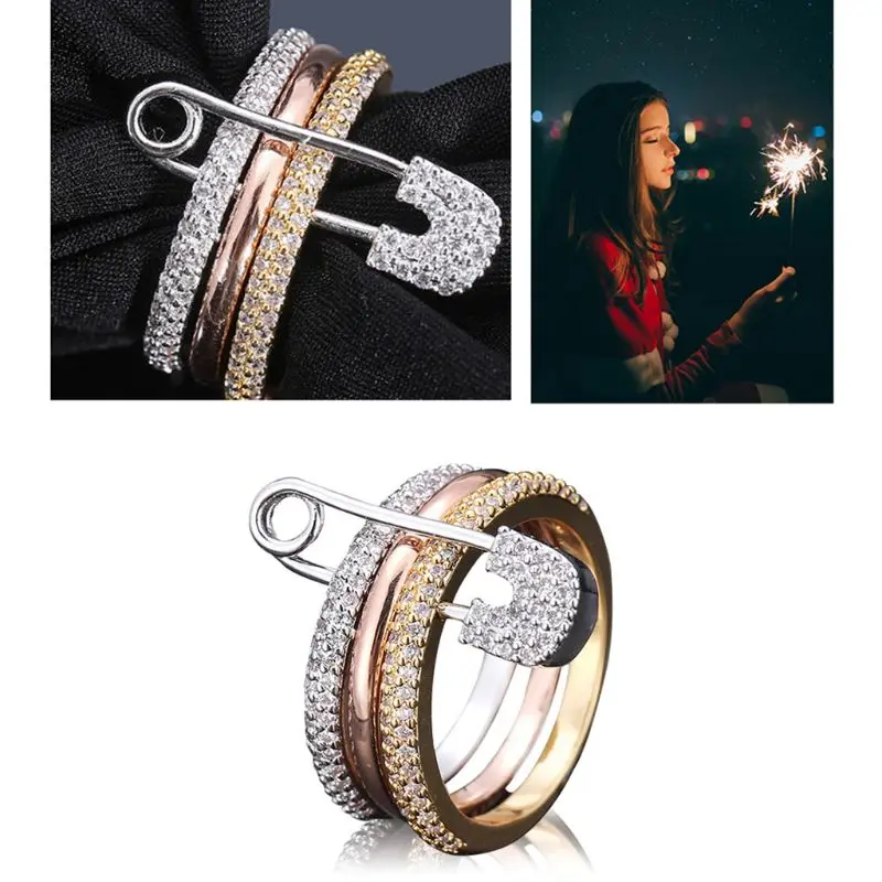 Безопасная булавка, дизайнерское кольцо, кольцо с кубическим цирконием, модное женское ювелирное изделие