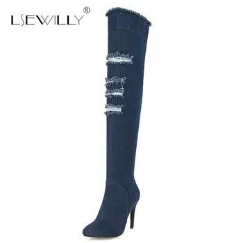 

Lsewilly 2018 Denim Boots women sexy high heels thigh high boots autumn winter over the knee boots zip ladies party shoes S700