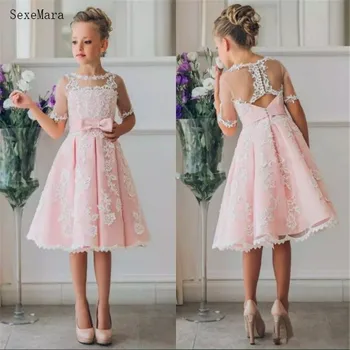 

Cheap Flower Girl Dresses for Bohemia Beach Wedding Knee Length Lace Formal Wear Birthday Party Dresses with Bow Princess Dress