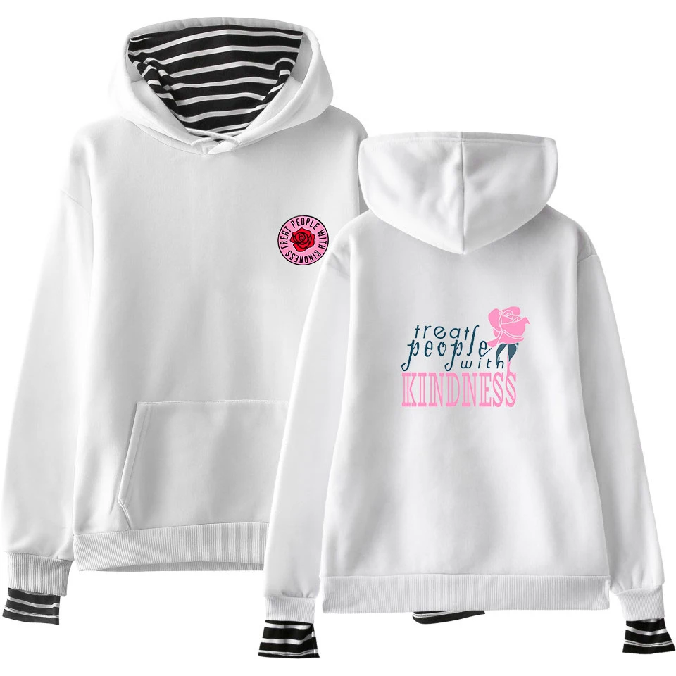  LUCKYFRIDAYF Harry Styles Treat People With Kindness Printed Fake Two Piece Hoodies Women Fashion C