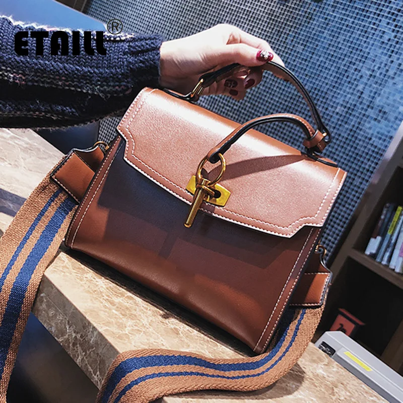 

ETAILL Smooth Pu Leather Women Bag Fashion Single Stripe Wide Strap Crossbody Bag Top Handle Messenger Shoulder Bag with Key