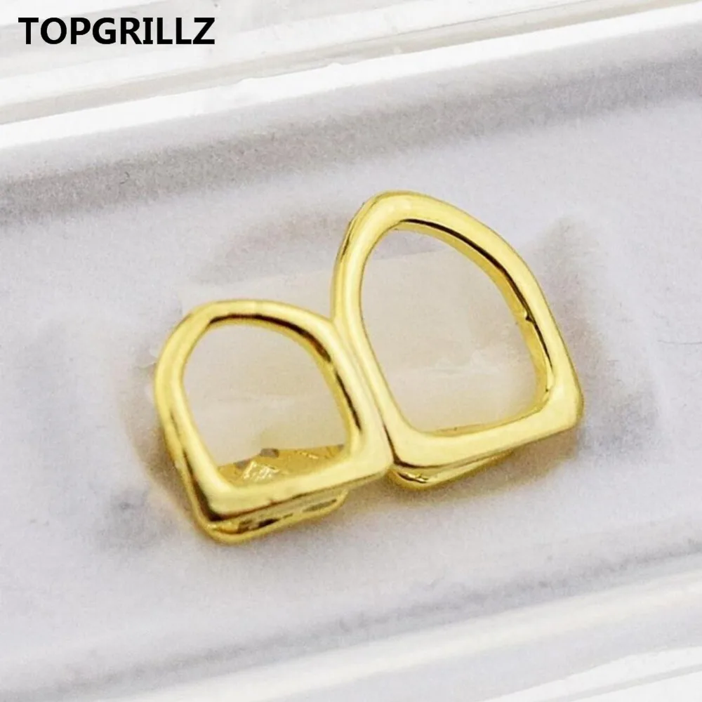 

TOPGRILLZ Hollow Open Face Double Tooth Grillz Yellow Gold Color Plated Top Two Right Canine Teeth Grills Caps