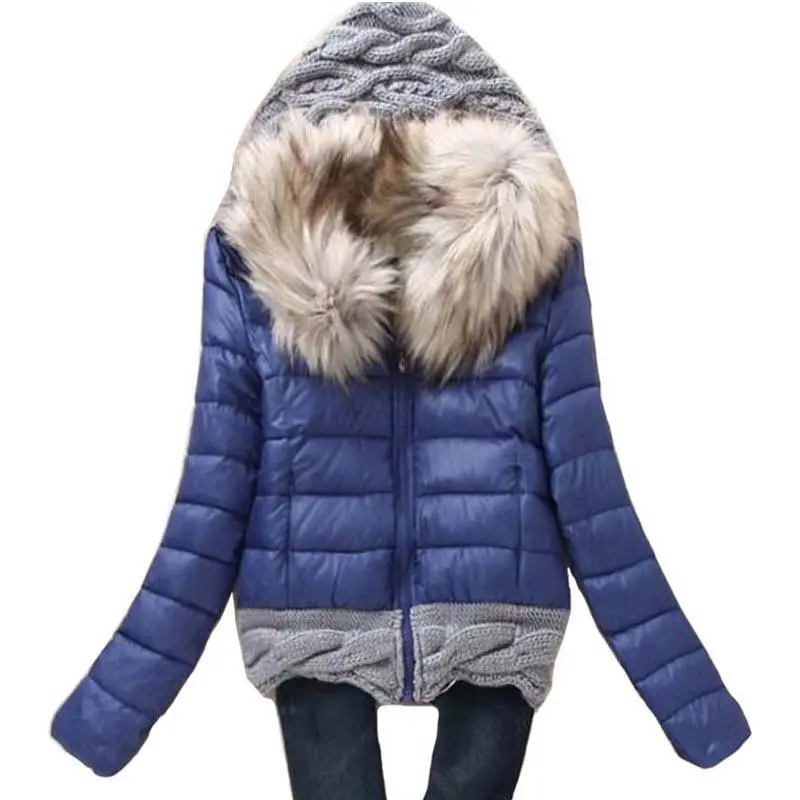 

2016 New Winter Knitted Hood Jacket Women Thicken Coat Women Parka Cotton Wadded faux Fur Cotton-padded Outerwear 3XL CE0309
