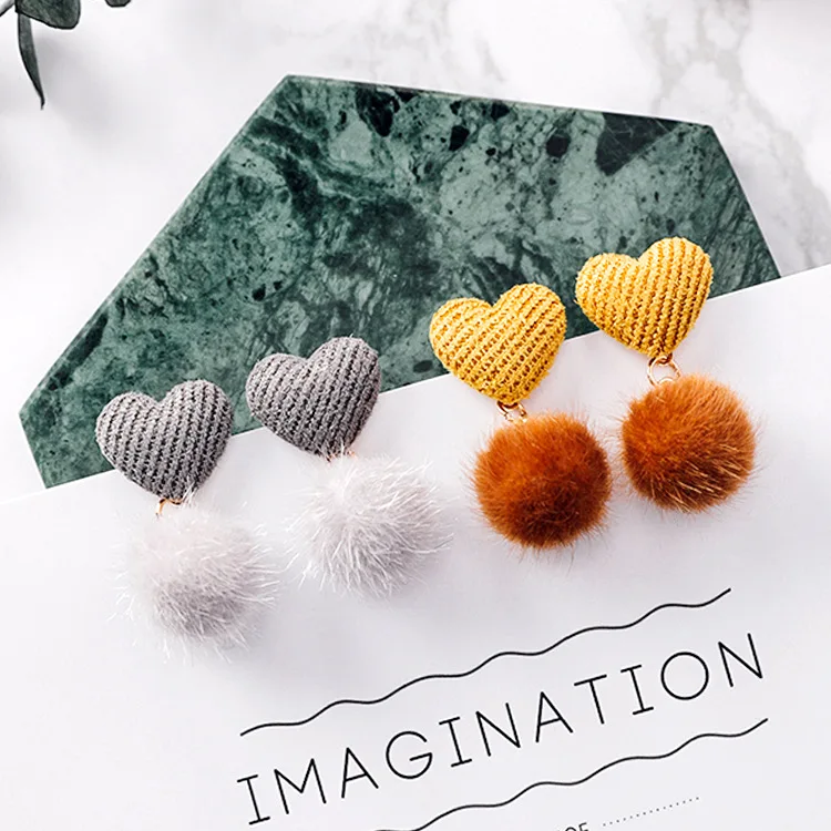 

Contracted and lovely temperament of corduroy love earrings joker fuzzy hair bulb ball stud earrings