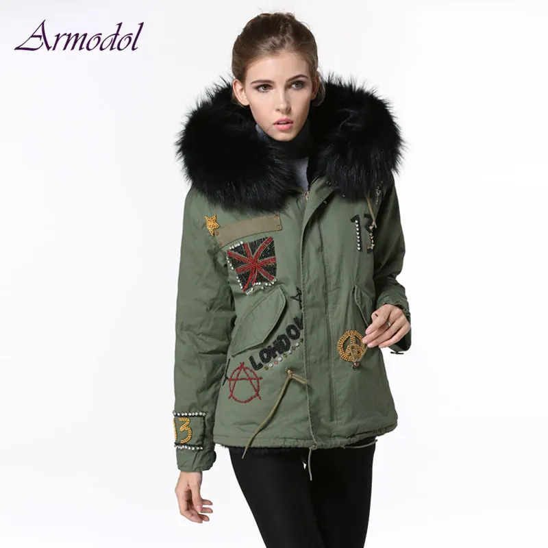 Cheap UK Style Flag Beading Parka Women Jacket Big Raccoon fur Hooded Beading Winter Short Windcoat Free shipping