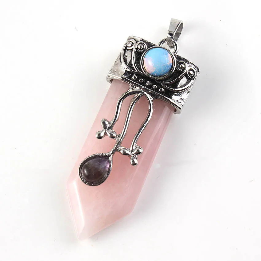 Natural Gnergy Gemstone~ Silver Plated Sword Stone Natural Rose Pink Quartz With Flower Pendant Sword Fashion Jewelry 2 AA00201027102a