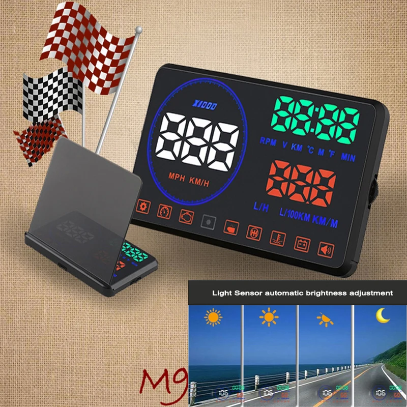 

Car-styling hud universal M9 GPS Head up Display Vehicle alarm security stystem vs OBDII car windshield project driving