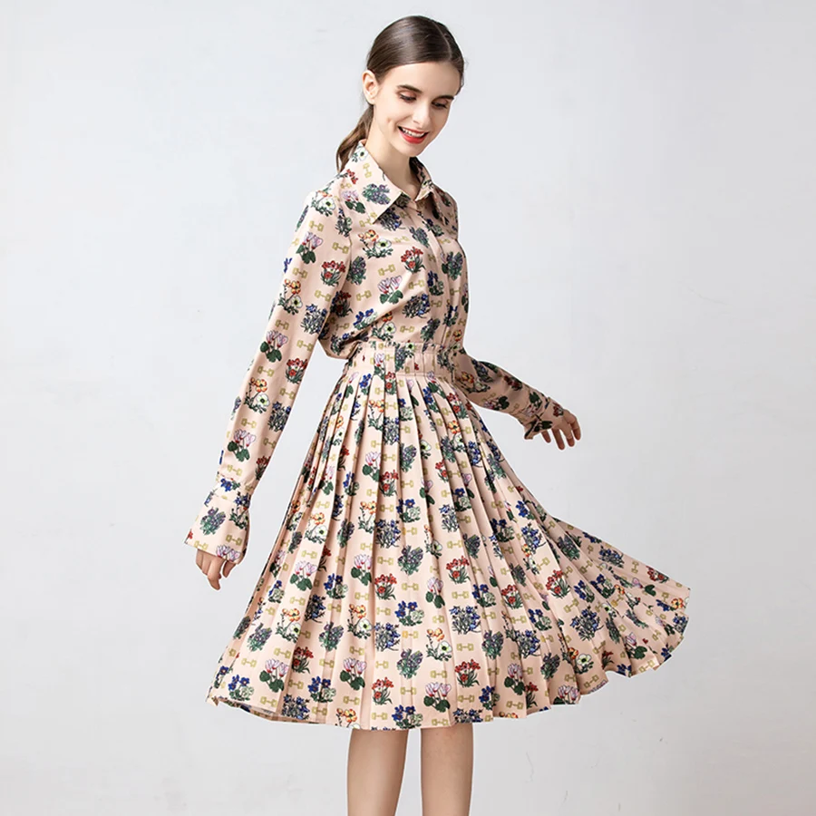 

VERDEJULIAY Runway Luxury Summer Sets Women 2019 Fashion Turn-Down Collar Flower Print Blouse Top + Pleated Skirt Dress Vestidos