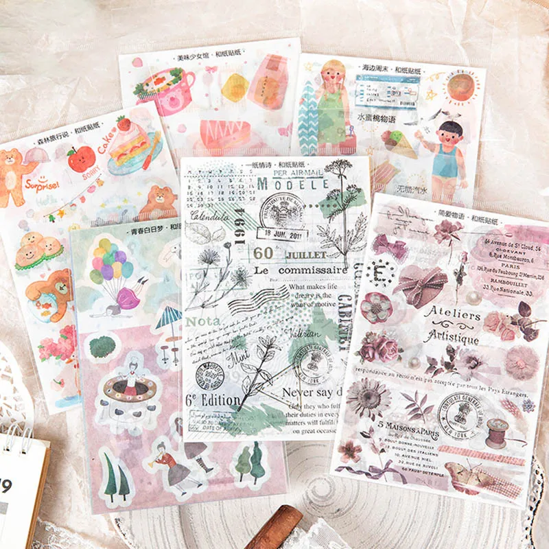 

3Sheets/Pack Vintage Stickers Kawaii Bear Cake Stickers Adhesive Washi Paper Sticker For Kids Decor Scrapbooking Diary Supplies