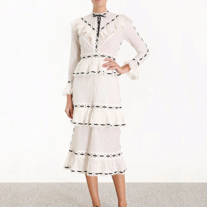 

2019 Luxury Brand Autumn Woman Maxi Dress Lace Patchwork Long Sleeve High Waist Ruffles Hollow Out White Elegant Dress