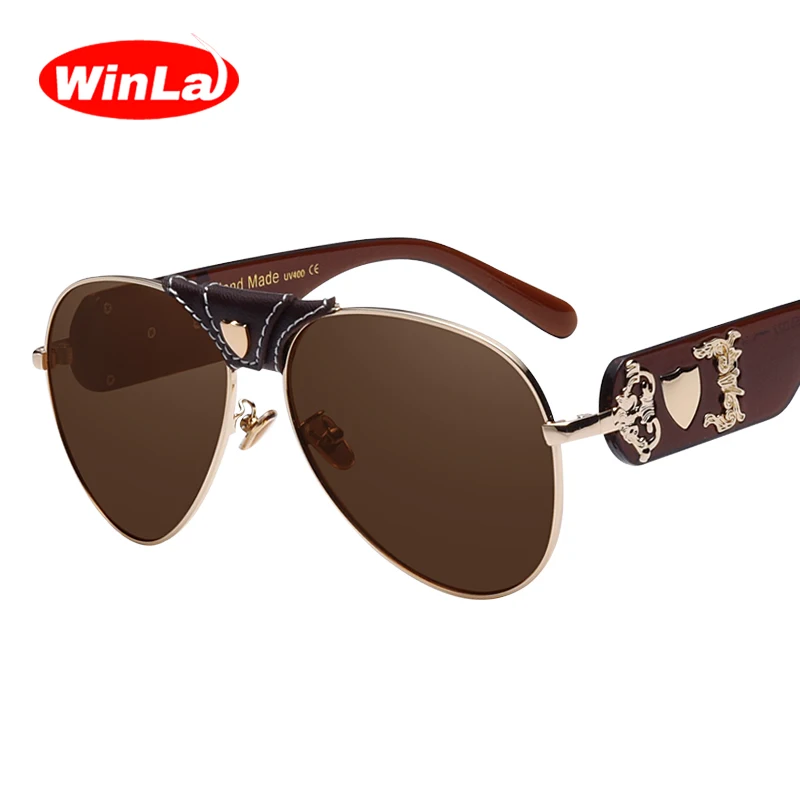 Murah Winla Vintage Merek Desainer Kacamata Hitam Wanita Kacamata Lapisan Cermin Lensa Kacamata Hitam Kulit Dekorasi Bingkai Gafas De Sol WL1041