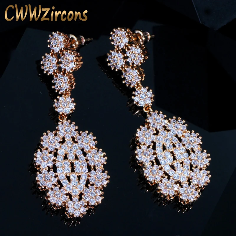 

CWWZircons Shiny Micro Pave Cubic Zirconia Stones Bridal Long Dangle Drop Gold Color Earrings For Wedding Party Jewelry CZ002