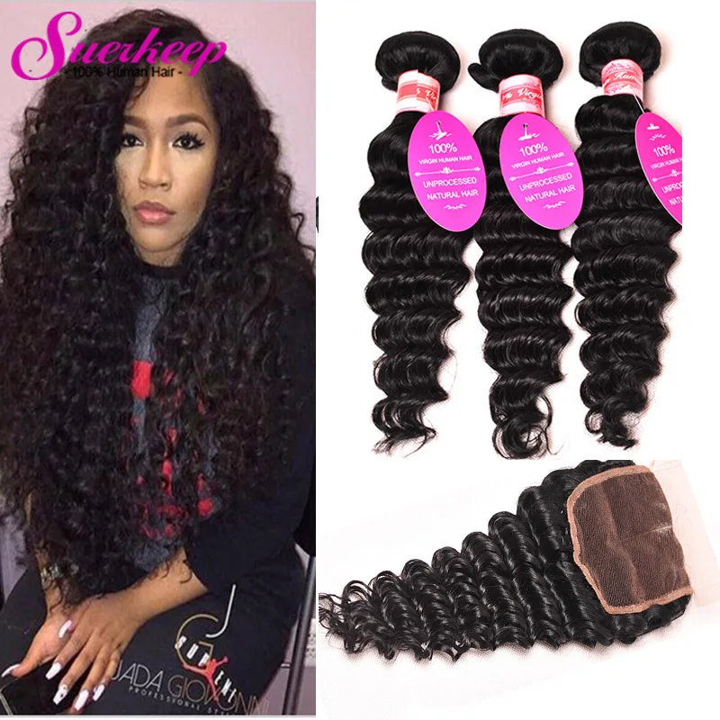 Brazilian Virgin Hair With Closure Rosa Hair Products Deep Wave 4 Bundles With Closure Brazilian Curly Virgin Hair With Closure